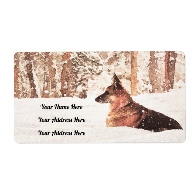 Étiquette Aquarelle bergère allemande en hiver (Devant)