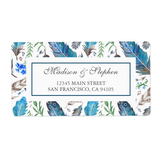 Étiquette Aquarelle bleu Boho Aztec - Mariage (Devant)