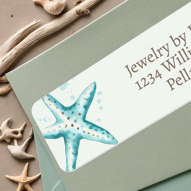 Étiquette Aquarelle bleu doux Starfish Stylé Ocean Beach (Watercolor starfish stylish ocean beach aqua blue Summer return address labels
)