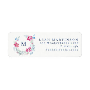 Étiquette Aquarelle bleu et rose Fleur Wreath