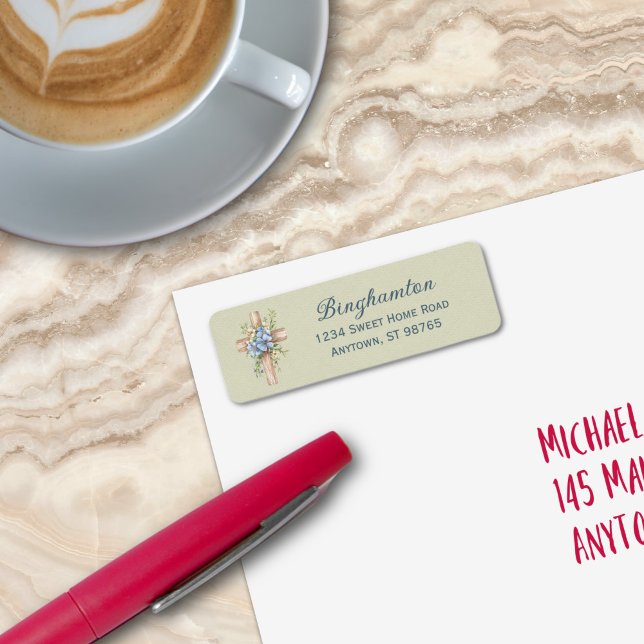 Étiquette Aquarelle bleu Floral Croix personnalisée (Watercolor Blue Floral Cross Personalized Label
)