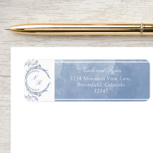 Étiquette Aquarelle bleu foncé, Mariage monogramme