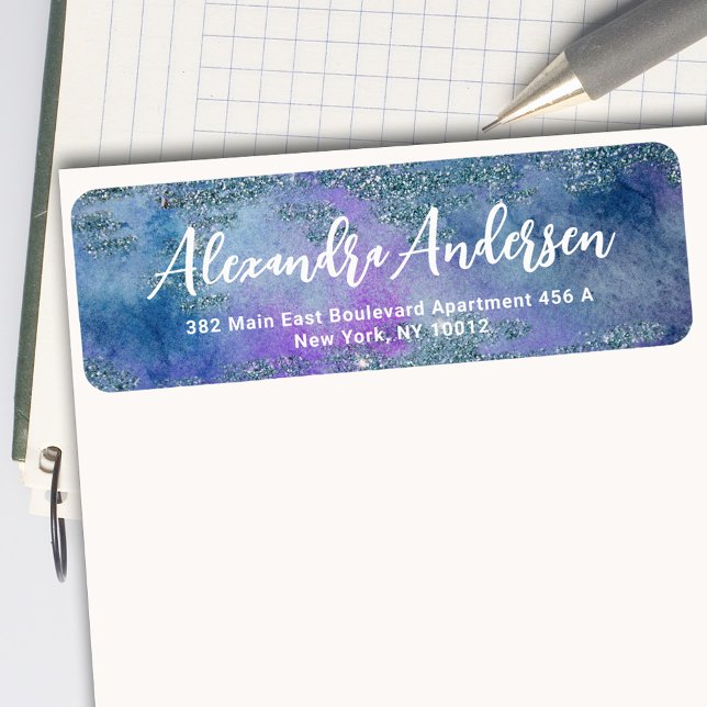 Étiquette Aquarelle bleu pourpre Glitt Adresse de retour (Créateur téléchargé)
