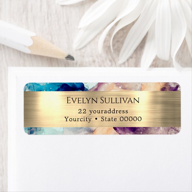Étiquette Aquarelle bleu violet or Retourner l'adresse (En situation)