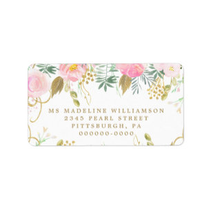 Étiquette Aquarelle Blush & Gold Floral Adresse de retour