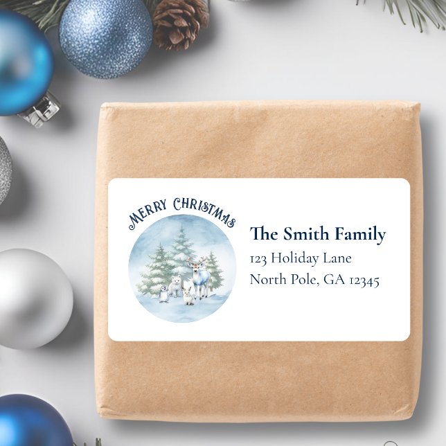 Étiquette Aquarelle Bois Animaux Noël (woodland animals address label no border)