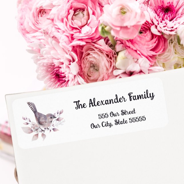 Étiquette Aquarelle Botanique Joli Oiseau et feuillage rose (Créateur téléchargé)