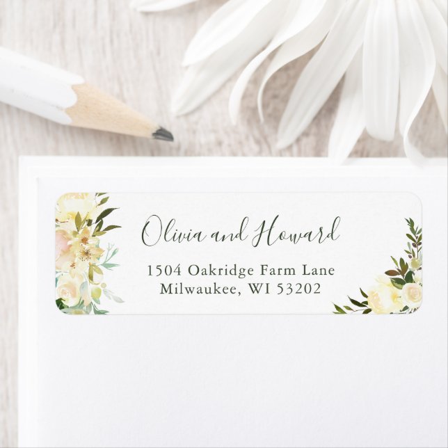 Étiquette Aquarelle botanique verte ivoire blanc floral (En situation)