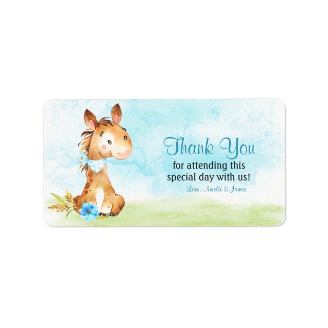 Étiquette Aquarelle Boy Horse Baby shower Ferme Merci (Devant)