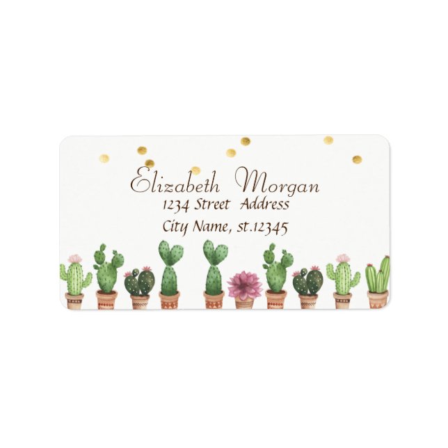Étiquette Aquarelle Cactus, Faux Gold Foil Confetti (Devant)