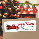 Étiquette Aquarelle Camion Rouge Joyeux Noël String Lumières<br><div class="desc">Une belle étiquette d'adresse de retour de vacances avec script de calligraphie moderne Joyeux Noël avec une aquarelle personnalisée classique camion rouge avec des lampes à cordes et rempli d'un arbre et des cadeaux pour tous.</div>
