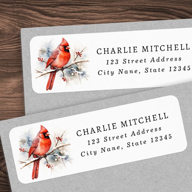 Étiquette Aquarelle cardinale rouge Adresse de retour de Noë (Red cardinal watercolor Christmas return address Label)
