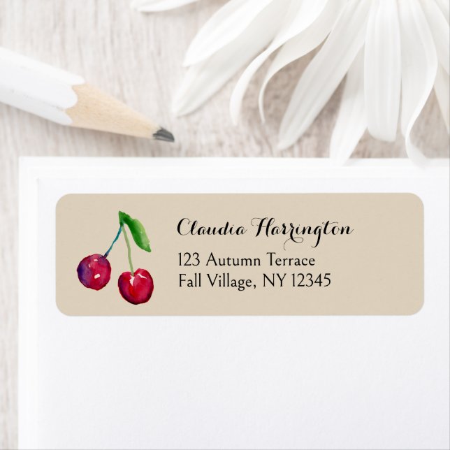 Étiquette Aquarelle Cerises Peint à la main Adresse naturell (En situation)