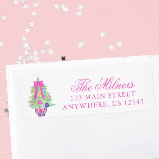 Étiquette Aquarelle Chaud Rose Bow Ginger Jar Adresse (Créateur téléchargé)