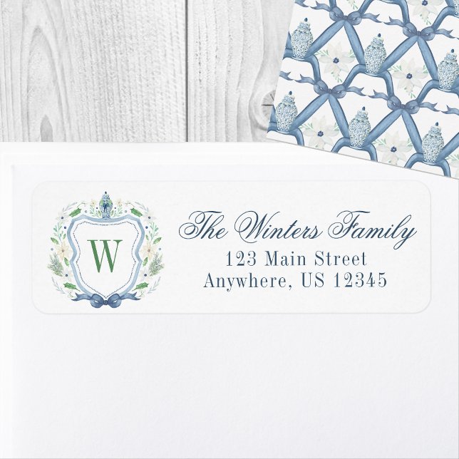 Étiquette Aquarelle Chinoiserie Ginger Jar Monogram Crest (Créateur téléchargé)