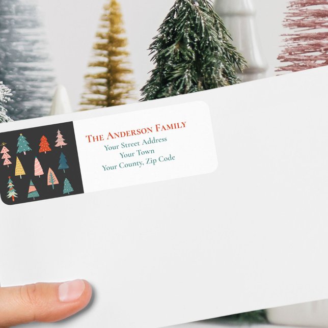 Étiquette Aquarelle colorée Arbres de Noël Nom (Créateur téléchargé)