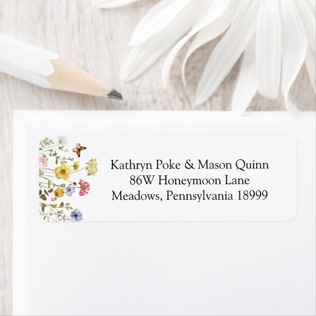 Étiquette Aquarelle colorée Fleurs sauvages et papillons (En situation)