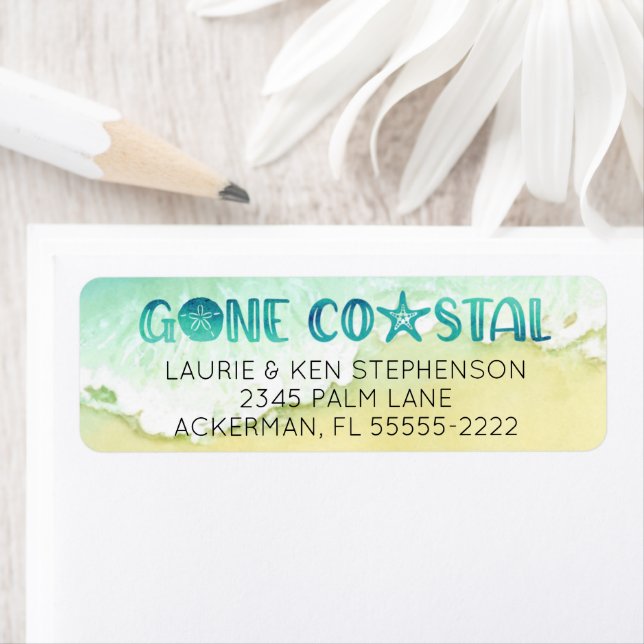 Étiquette Aquarelle côtière Gone Beach Moved Adresse de reto (En situation)