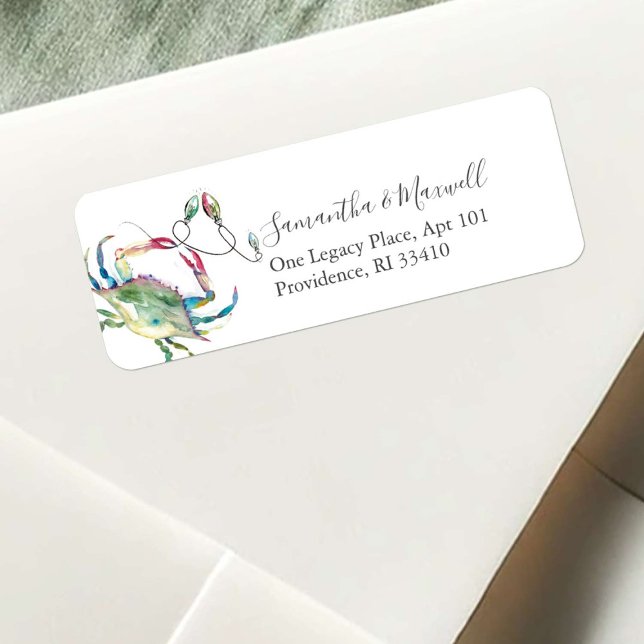 Étiquette Aquarelle côtière moderne Crabe de Noël unique (Beach Christmas return address labels watercolor crab and holiday lights art by Victoria Grigaliunas)