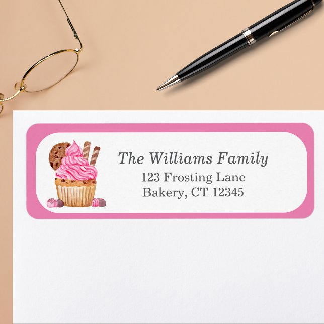 Étiquette Aquarelle Cupcake Rose Au Chocolat Personnaliser (Créateur téléchargé)