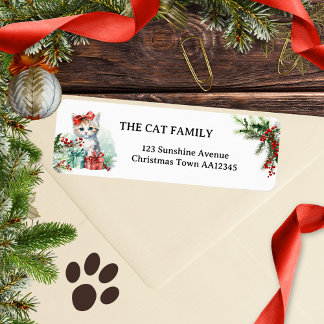 Étiquette Aquarelle Cute Chat Noël Adresse de retour Label
