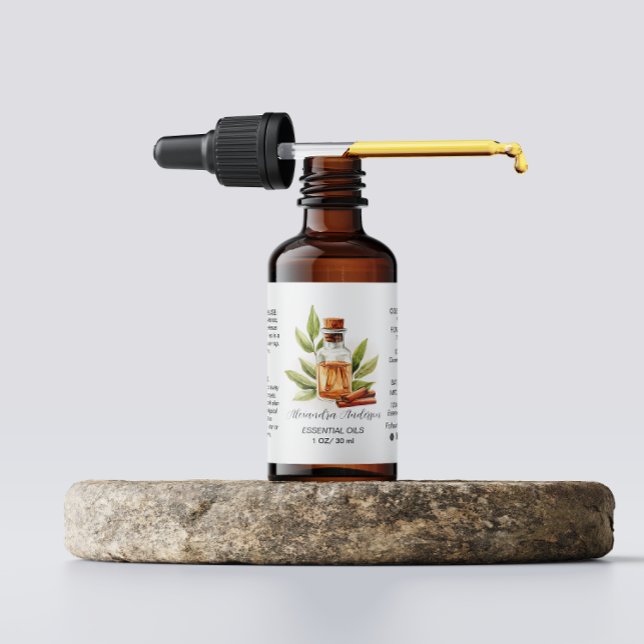 Étiquette Aquarelle de la cannelle botanique des huiles esse (Botanical Cinnamon Essential Oils Watercolor Label)