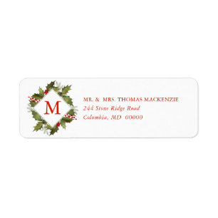 Étiquette Aquarelle de Noël Monogramme Holly Wreath