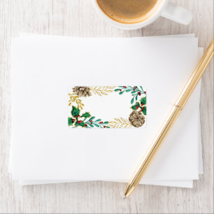 Étiquette Aquarelle de Noël Pin d'or Végétation Holly