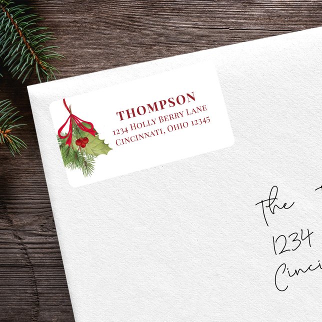 Étiquette Aquarelle de Noël Rouge Holly Berry Vert (Watercolor greenery and red holly berries botanical return address label. )