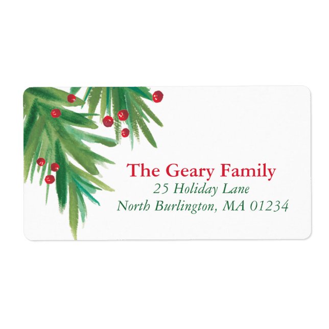 Étiquette Aquarelle de pin et de baies | Adresse de Noël 201 (Devant)