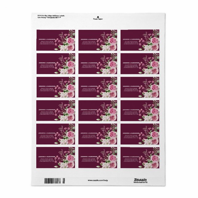 Étiquette Aquarelle de prune foncée Peony Mariage retour Adr (Feuille entière)