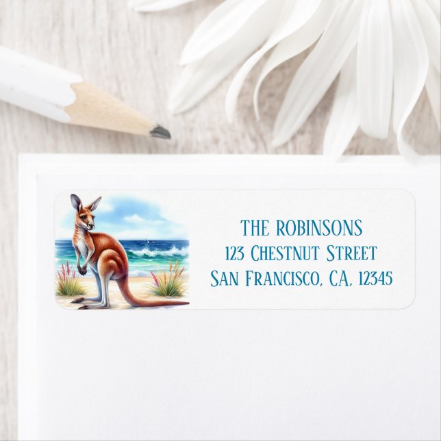 Étiquette Aquarelle d'été Kangaroo sur la plage (En situation)