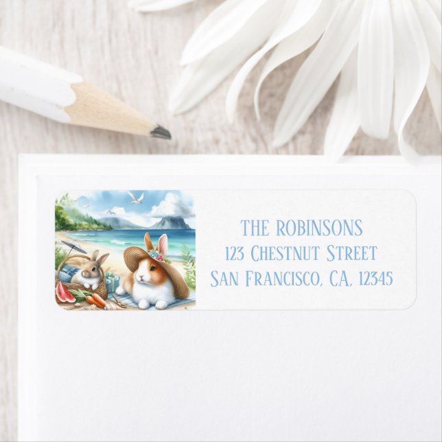 Étiquette Aquarelle d'été lapins sur la plage (En situation)