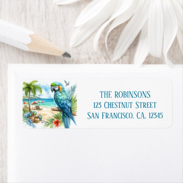 Étiquette Aquarelle d'été Parrot sur la plage (En situation)