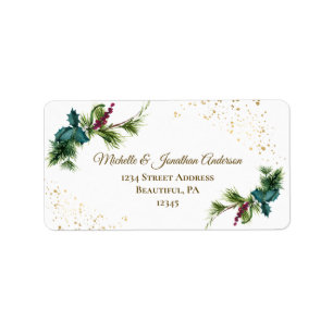 Étiquette Aquarelle d'hiver Pine Baies rouges Holly Noël