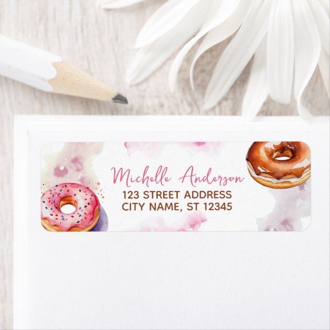Étiquette Aquarelle Donut Adresse de retour Doughnut douce (En situation)