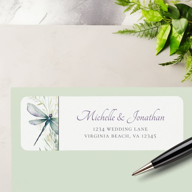 Étiquette Aquarelle Dragonfly and Greenery Adresse du Mariag (Watercolor Dragonfly and Greenery Wedding Address Label)