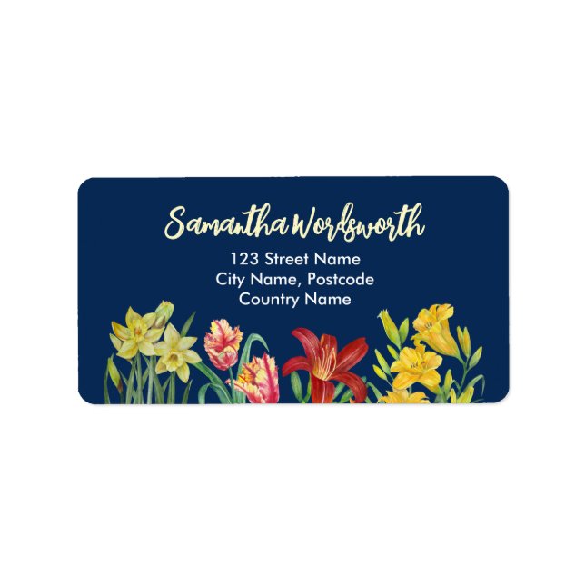 Étiquette Aquarelle Fleurs Jaunes Orange Printemps Bleu Mari (Devant)