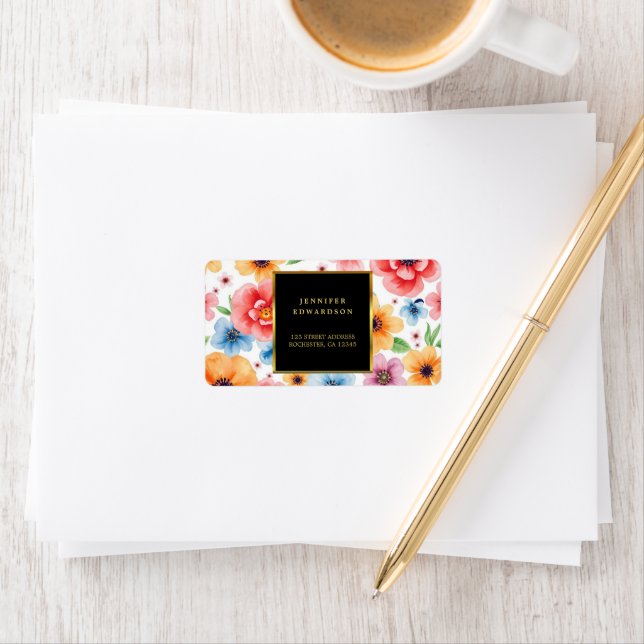 Étiquette Aquarelle fleurs or noir adresse de retour (En situation)