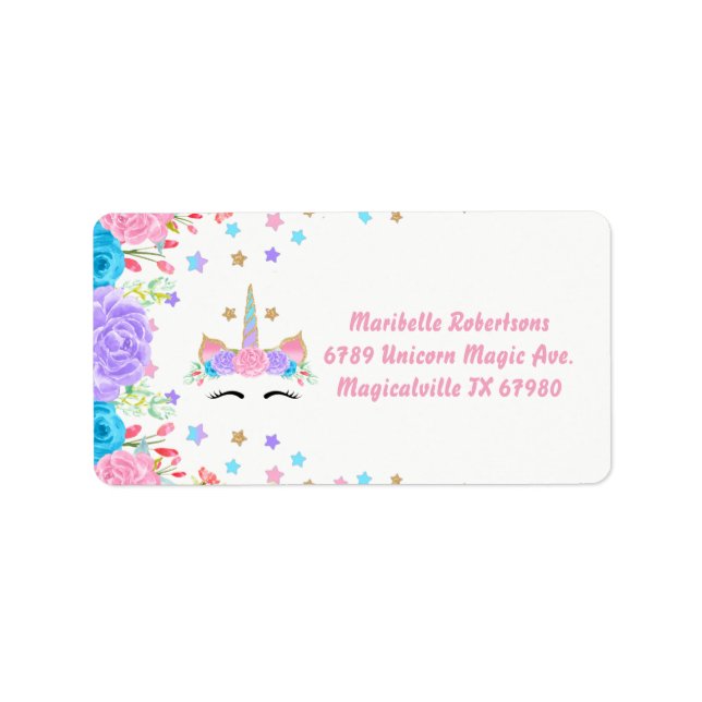 Étiquette Aquarelle Floral Unicorne Adresse personnalisée (Devant)