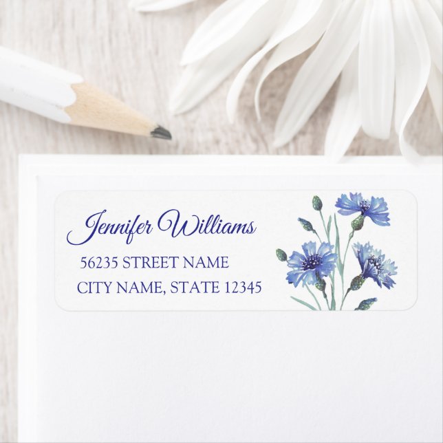 Étiquette aquarelle florale bleu baby shower adresse de reto (En situation)