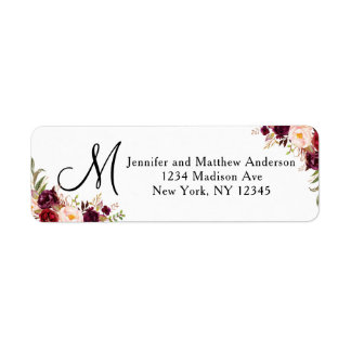 Étiquette Aquarelle Florale Bourgogne Script Monogramme Adre