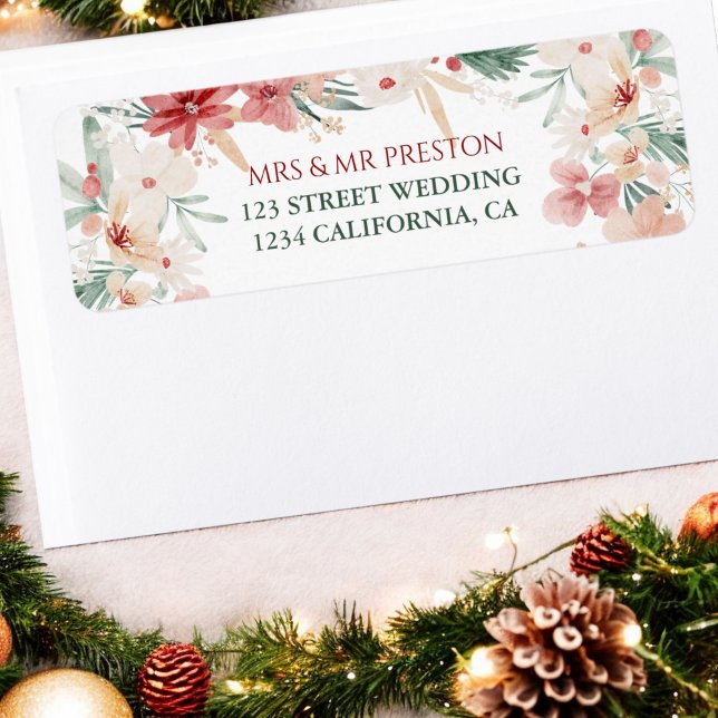 Étiquette Aquarelle florale Noël Rustique Mariage d'hiver (Floral Watercolor Christmas Rustic Winter Wedding Label)