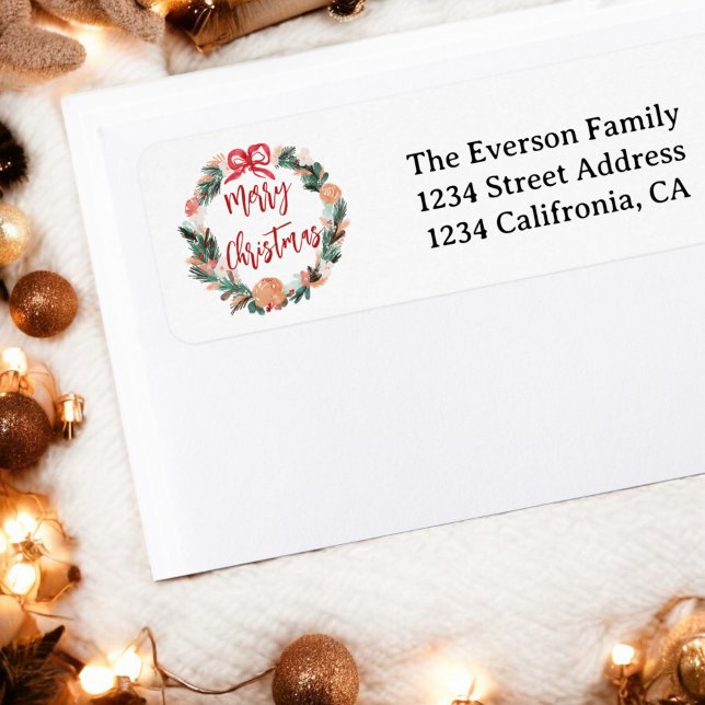 Étiquette Aquarelle florale peinte à la main (Hand Painted Floral Watercolor Wreath Christmas Label)