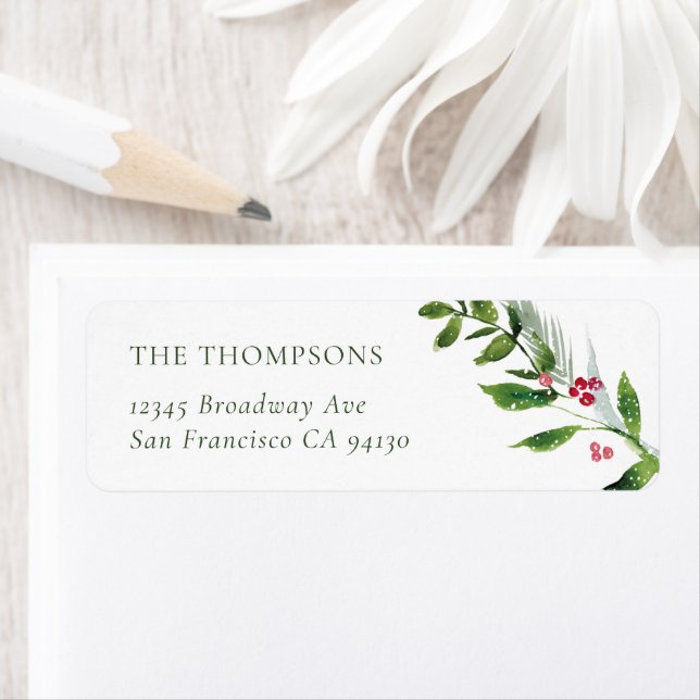 Étiquette Aquarelle Hiver Feuilles Noël Adresse de retour (En situation)