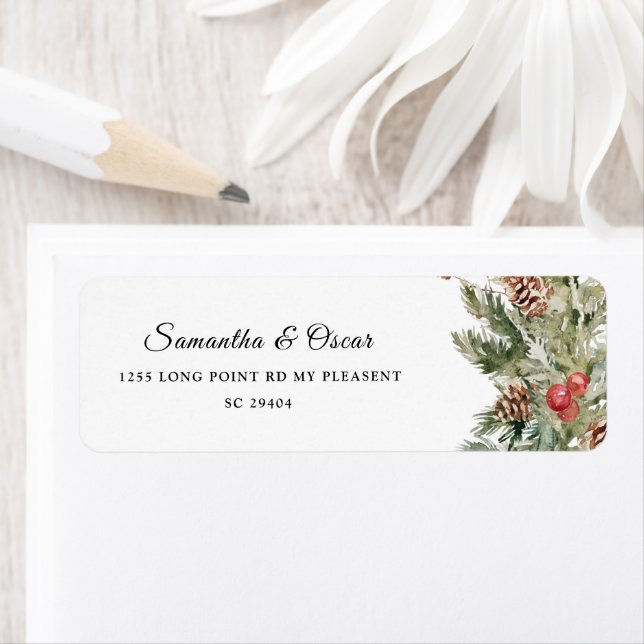 Étiquette Aquarelle Hiver Pine verte Arbre et Pine Cône (En situation)