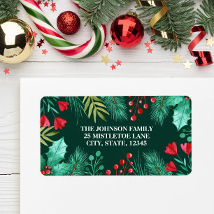 Étiquette Aquarelle Holly, Berries et Feuilles verts