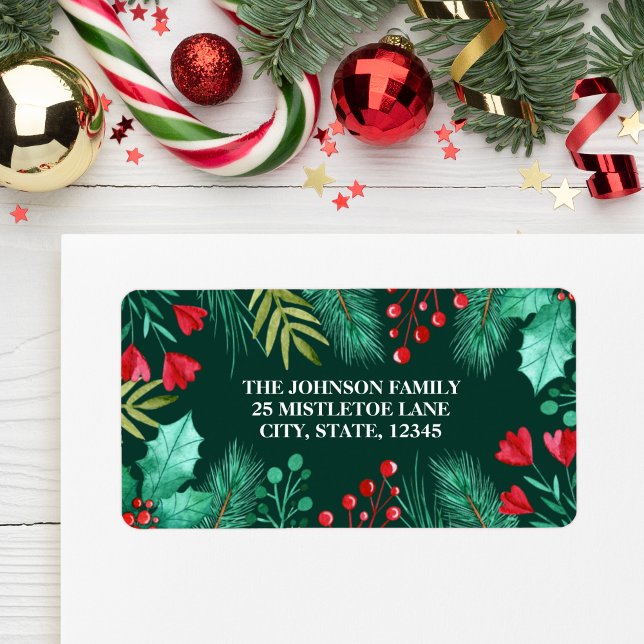 Étiquette Aquarelle Holly, Berries et Feuilles verts (Holly, Berries and Green Leaves Watercolor Label)