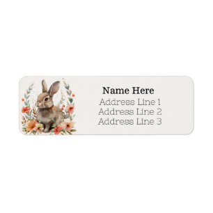 Étiquette Aquarelle Lapin Lapin et Fleurs Adresse de retour