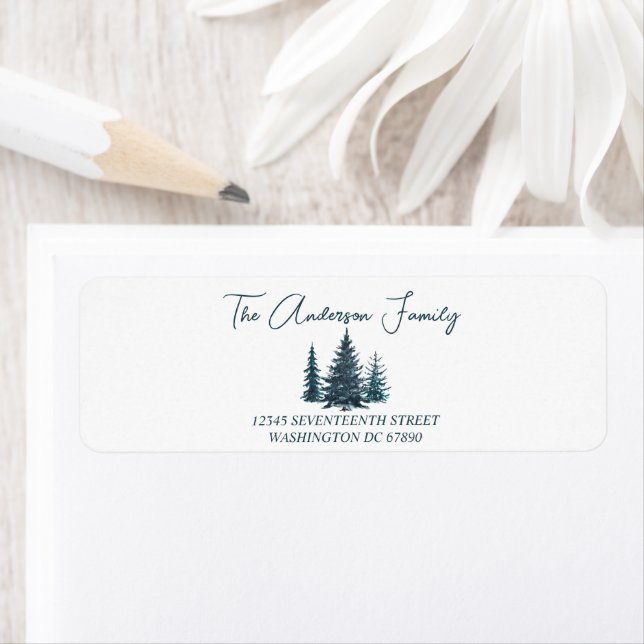 Étiquette Aquarelle Marine Pins Bleus Arbres Joyeux Noël (En situation)